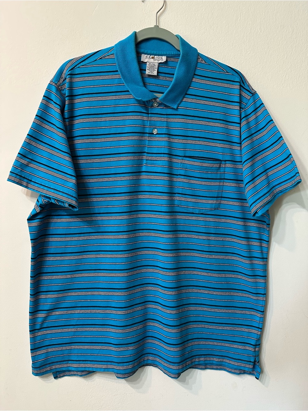 Sun River Clothing Co Men XL Polo Shirt Blue Black Striped Short Sleeve Pocket